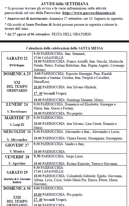 Avvisi dal 22 al 30 agosto 2026