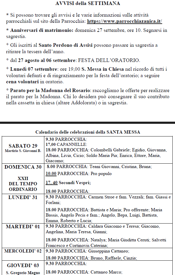 Avvisi dal 29 agosto al 6 settembre 2026