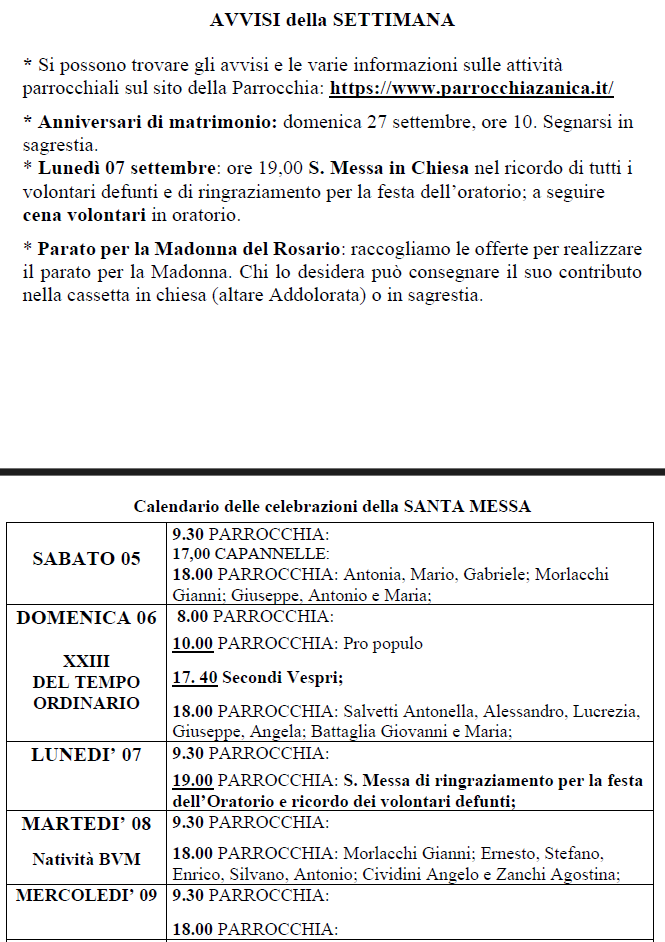 Avvisi dal 05 al 13 settembre 2026