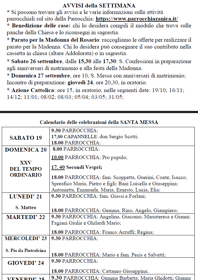 Avvisi dal 19 al 27 settembre 2026