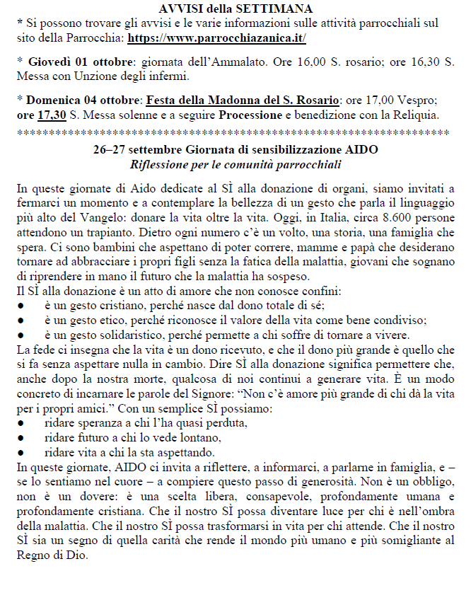 Avvisi dal 26 settembre al 4 ottobre 2026
