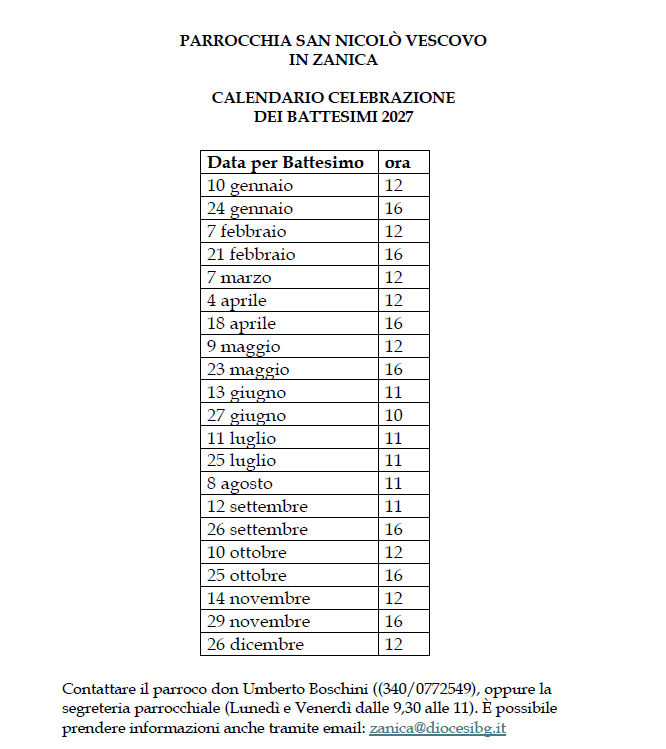 Calendario battesimi 2027