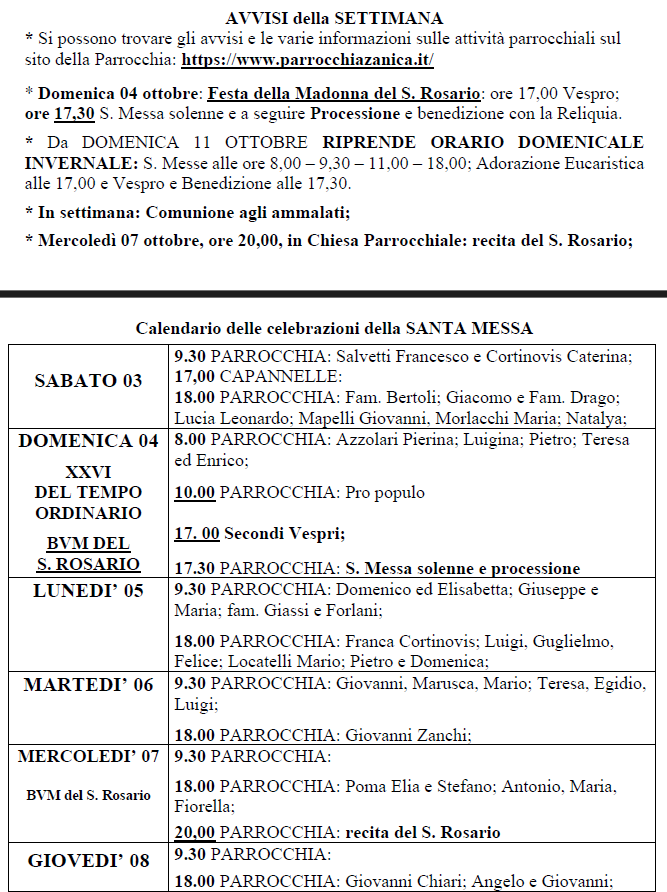 Avvisi dal 03 all’11 novembre 2026