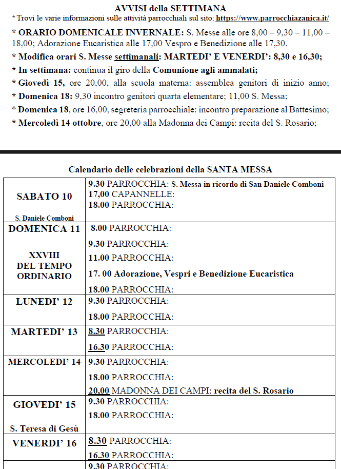 Avvisi dal 10 al 18 ottobre 2026