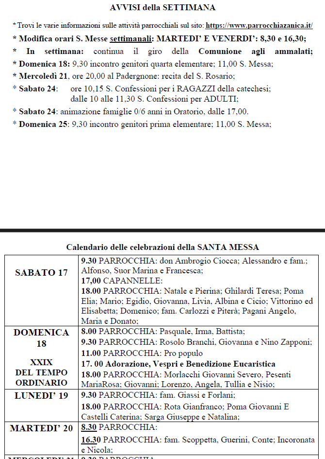 Avvisi dal 17 al 25 ottobre 2026
