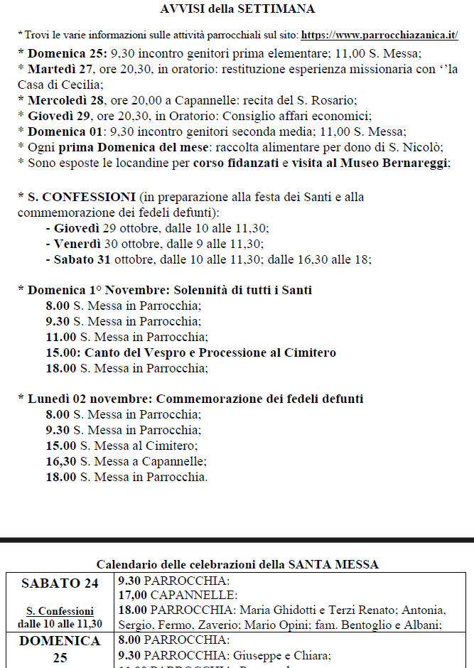 Avvisi dal 24 ottobre all’1 novembre 2026
