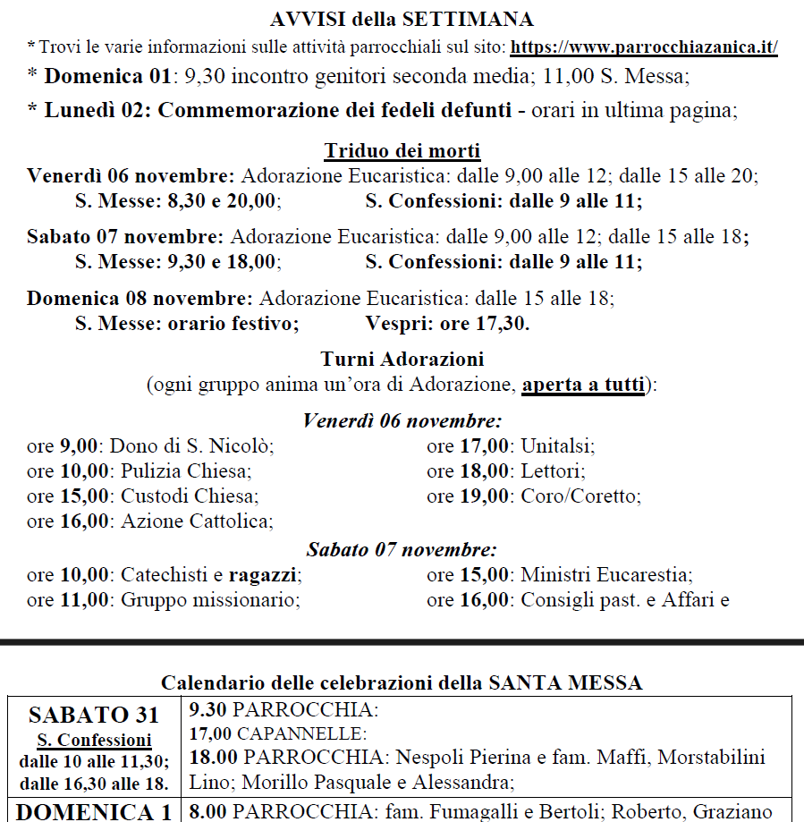 Avvisi dal 31 ottobre all’8 novembre 2026